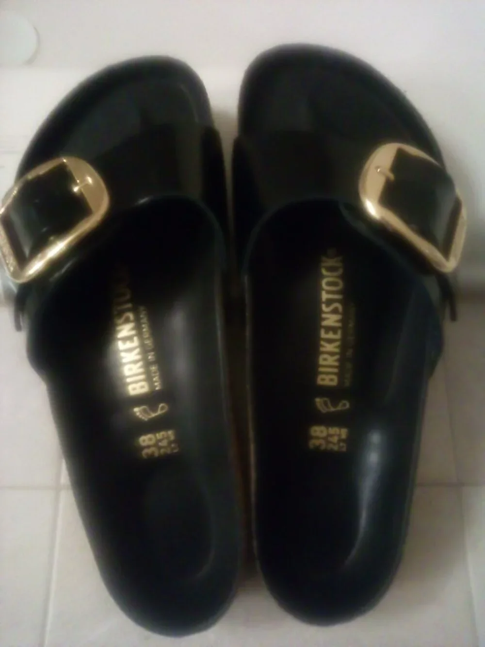 Birkenstock Madrid Big Buckle Sandal - High Shine Black with Gold Buckle